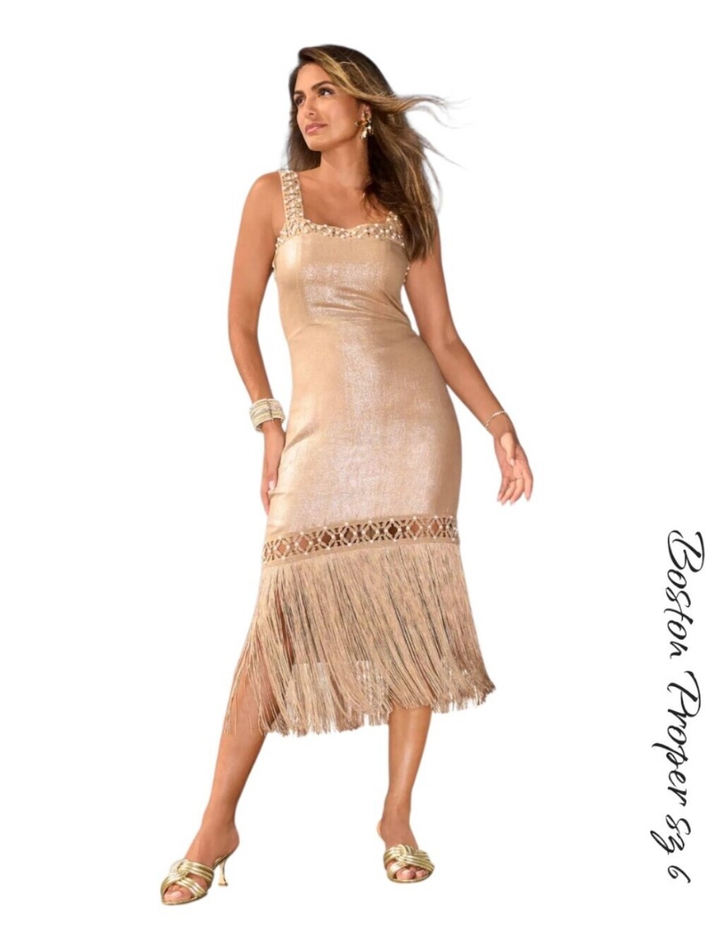 Boston Proper Shimmer Gold Linen Fringe Dress Size 6 Pearl Embellished Crochet